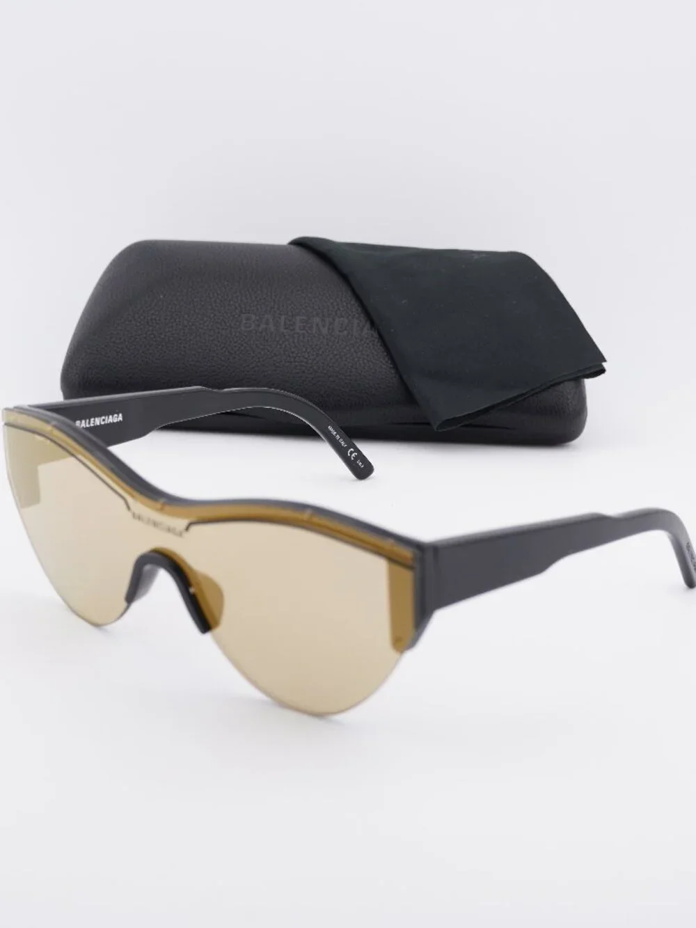 Balenciaga BB0004S 006 Shield Sunglasses - Black / Gold Mirror